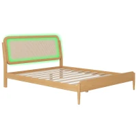 Vinsetto Queen Size Wood Storage Platform Bed with LED Light, Rattan Headboard, No Box Spring Required, 84.5" L x 63" W x 39.5" H, Antique Natural(m-10)