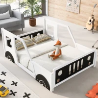 Full Size Classic Car-Shaped Platform Bed with Wheels, Sturdy Pine Wood and MDF Frame, Easy Assembly, 77.5" L x 57" W x 32" H, White(m-4)