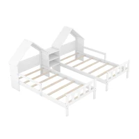 Double Twin Size Platform Bed with House-Shaped Headboard, Built-in Nightstand, Solid Wood Construction, 99.5" L x 78" W x 48" H, White(m-11)