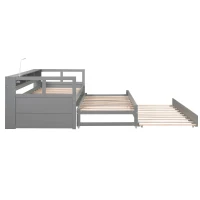 Twin XL Wood Daybed with 2 Trundles, 3 Storage Cubbies, Free Light and USB Charging, 82" L x 129.5" W x 35.5" H, Gray(m-15)