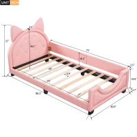 Twin Size Upholstered Daybed with Carton Ears Shaped Headboard, Sturdy Wood Frame, Easy Assembly, 80" L x 41" W x 37" H, Pink(m-3)
