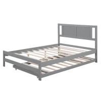 Full Size Platform Bed with Adjustable Trundle, Solid Pine Wood and MDF, 78" L x 97.5" W x 39.5" H, Gray(m-17)