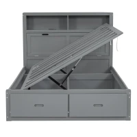 Wood Full Size Hydraulic Platform Bed with Storage LED Headboard, Charging Station, and 2 Drawers, 86" L x 56.5" W x 47" H, Gray(m-16)