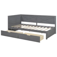 Vinsetto Twin Size Wood Daybed with 2 Drawers, Rustic Guardrail, Solid Pine Wood and MDF, 77.5" L x 42" W x 33.5" H, Grey(m-15)