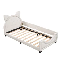 Twin Size Upholstered Daybed with Carton Ears Shaped Headboard, Sturdy Wood Frame, Easy Assembly, 80" L x 41" W x 37" H, White(m-9)