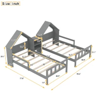Double Twin Size Platform Bed with House-Shaped Headboard, Built-in Nightstand, Solid Wood Construction, 99.5" L x 78" W x 48" H, Gray(m-3)