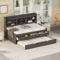 Classic Style Twin Size Wooden Captain Bed with Built-in Bookshelves, 3 Storage Drawers, and Trundle, 77.5" L x 88" W x 47" H, Antique Gray(m-5)