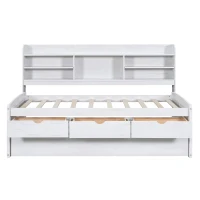 Vinsetto Classic Style Twin Size Wooden Captain Bed with Built-in Bookshelves, 3 Storage Drawers, Trundle, 77.5" L x 88" W x 47" H, White Washed(m-7)