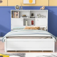 Vinsetto Full Size Platform Bed with Storage Headboard, Charging Station, and 4 Drawers, Solid Wood and MDF, 85" L x 55" W x 48" H, White(m-1)