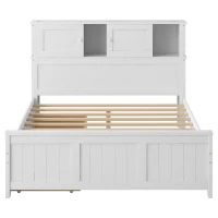 Vinsetto Full Size Platform Bed with Storage Headboard, Sliding Door, and 2 Drawers, Solid Wood and MDF, 89" L x 58" W x 42" H, White(m-2)