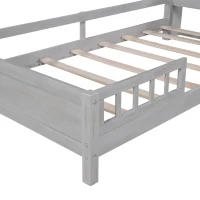 Wood Twin Size Platform Bed with Built-in LED Light, Storage Headboard, Guardrail, and Sturdy Construction, 87" L x 43" W x 31" H, Antique Gray(m-8)