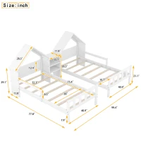 Double Twin Size Platform Bed with House-Shaped Headboard, Built-in Nightstand, Solid Wood Construction, 99.5" L x 78" W x 48" H, White(m-3)