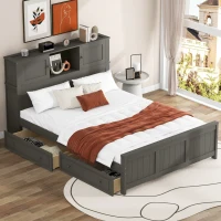 Vinsetto Full Size Platform Bed with Storage Headboard, Sliding Door, 2 Drawers, Solid Wood and MDF, 89" L x 58" W x 42" H, Gray(m-4)