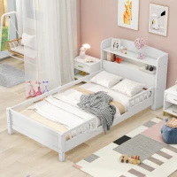 Wood Twin Size Platform Bed with Built-in LED Light, Storage Headboard, Guardrail, and Sturdy Construction, 87" L x 43" W x 31" H, White(m-4)