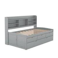 Classic Style Twin Size Wooden Captain Bed with Built-in Bookshelves, 3 Storage Drawers, and Trundle, 77.5" L x 88" W x 47" H, Gray(m-8)