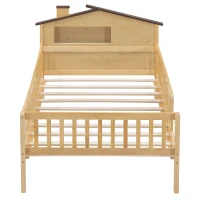Twin Size Wood Platform Bed with House-Shaped Headboard, LED Light, Built-in Storage, 82" L x 41" W x 36" H, Natural(m-8)