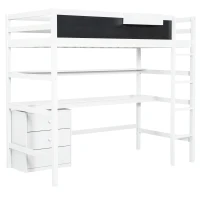 Wood Twin Size Loft Bed with Desk, Blackboard, Storage Box, Shelf, and 3 Drawers, 79" L x 42" W x 69.5" H, White(m-10)
