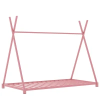 Metal Twin Size House Platform Bed with Triangle Structure, Sturdy Frame, and Safety Railings, 78" L x 41" W x 63" H, Pink(m-2)