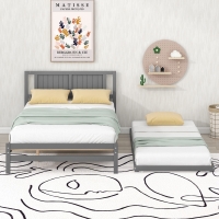 Full Size Platform Bed with Adjustable Trundle, Solid Pine Wood and MDF, 78" L x 97.5" W x 39.5" H, Gray