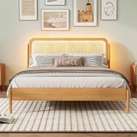 Vinsetto Queen Size Wood Storage Platform Bed with LED Light, Rattan Headboard, No Box Spring Required, 84.5" L x 63" W x 39.5" H, Antique Natural(m-1)