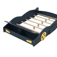 Full Size Race Car-Shaped Platform Bed with Wheels and Storage, Solid Wood and MDF, 90.5" L x 55" W x 15.5" H, Dark Blue(m-8)