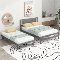Full Size Platform Bed with Adjustable Trundle, Solid Pine Wood and MDF, 78" L x 97.5" W x 39.5" H, Gray(m-4)