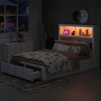 Wood Queen Size Hydraulic Platform Bed with Storage LED Headboard, Charging Station, and 2 Drawers, 90.5" L x 63" W x 47" H, White(m-6)