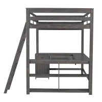 Full Size Loft Bed with U-shaped Desk, Drawers, Storage Shelves, and Sturdy Wood Frame, 77.5" L x 70" W x 75.5" H, Antique Brown(m-15)