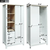Bedroom Storage Wardrobe with Hanging Rods, 2 Drawers, Open Shelves, and Sliding Door, 31.5" L x 20.5" W x 68" H, White(m-3)