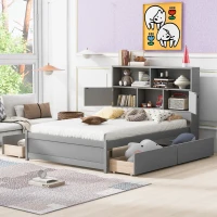 Vinsetto Full Size Platform Bed with Storage Headboard, Charging Station, 4 Drawers, Solid Wood and MDF, 85" L x 55" W x 48" H, Gray(m-5)