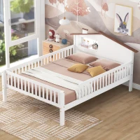 Full Size Wood Platform Bed with House-Shaped Headboard, LED Light, Built-in Storage, 82" L x 56" W x 36" H, White(m-4)