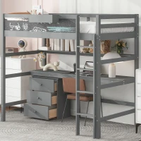 Wood Twin Size Loft Bed with Desk, Blackboard, Storage Box, Shelf, and 3 Drawers, 79" L x 42" W x 69.5" H, Gray(m-4)