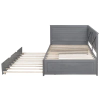 Vinsetto Twin Size Wood Daybed with Trundle, Rustic Guardrail, Solid Wood Construction, 77.5" L x 42" W x 33.5" H, Grey(m-14)