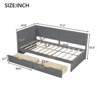Vinsetto Twin Size Wood Daybed with 2 Drawers, Rustic Guardrail, Solid Pine Wood and MDF, 77.5" L x 42" W x 33.5" H, Grey(m-3)
