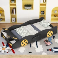 Twin Size Race Car-Shaped Platform Bed with Wheels and Storage, Solid Wood and MDF, 90.5" L x 40" W x 15.5" H, Black(m-4)