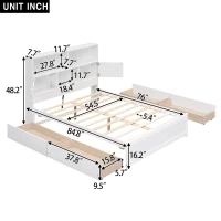 Vinsetto Full Size Platform Bed with Storage Headboard, Charging Station, and 4 Drawers, Solid Wood and MDF, 85" L x 55" W x 48" H, White(m-3)
