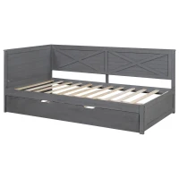 Vinsetto Twin Size Wood Daybed with Trundle, Rustic Guardrail, Solid Wood Construction, 77.5" L x 42" W x 33.5" H, Grey(m-2)