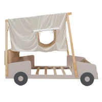 Wood Full Size Car Bed with Pillow, Ceiling Cloth, LED Lights, and Magazine Holder, 79" L x 57.5" W x 62" H, Natural(m-13)