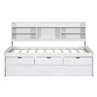 Vinsetto Classic Style Twin Size Wooden Captain Bed with Built-in Bookshelves, 3 Storage Drawers, Trundle, 77.5" L x 88" W x 47" H, White Washed(m-2)