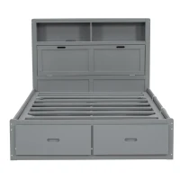 Wood Queen Size Hydraulic Platform Bed with Storage LED Headboard, Charging Station, and 2 Drawers, 90.5" L x 63" W x 47" H, Gray(m-2)