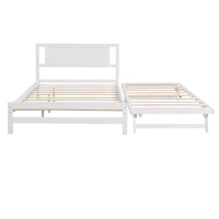 Full Size Platform Bed with Adjustable Trundle, Solid Pine Wood and MDF, 78" L x 97.5" W x 39.5" H, White(m-10)