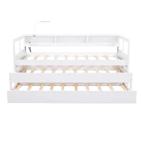 Twin XL Wood Daybed with 2 Trundles, 3 Storage Cubbies, USB Charging Design, and Free Light, 82" L x 129.5" W x 35.5" H, White(m-13)