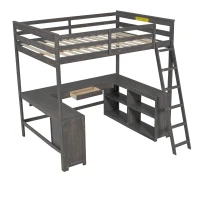 Full Size Loft Bed with U-shaped Desk, Drawers, Storage Shelves, and Sturdy Wood Frame, 77.5" L x 70" W x 75.5" H, Antique Brown(m-11)
