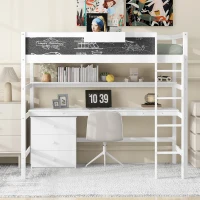 Wood Twin Size Loft Bed with Desk, Blackboard, Storage Box, Shelf, and 3 Drawers, 79" L x 42" W x 69.5" H, White(m-1)