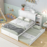 Full Size Storage Platform Bed with Pull Out Shelves, Twin Size Trundle, Solid Wood and MDF, 98" L x 89" W x 39.5" H, White(m-5)