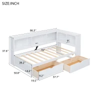 Vinsetto Twin Size Daybed with 2 Storage Drawers, Storage Cabinets, USB Ports, Solid Wood and MDF, 86" L x 51" W x 37.5" H, White(m-3)