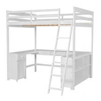 Full Size Loft Bed with U-shaped Desk, Drawers, Storage Shelves, and Sturdy Wood Frame, 77.5" L x 70" W x 75.5" H, White(m-11)