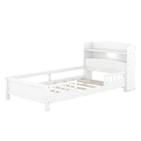 Wood Twin Size Platform Bed with Built-in LED Light, Storage Headboard, Guardrail, and Sturdy Construction, 87" L x 43" W x 31" H, White(m-11)