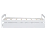 Twin Size Platform Bed with Twin Size Trundle, Headboard and Footboard, Sturdy Pine Wood Construction, 77.5" L x 40.5" W x 22" H, White(m-11)