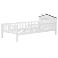 Twin Size Wood Platform Bed with House-Shaped Headboard, LED Light, Built-in Storage, 82" L x 41" W x 36" H, White(m-10)
